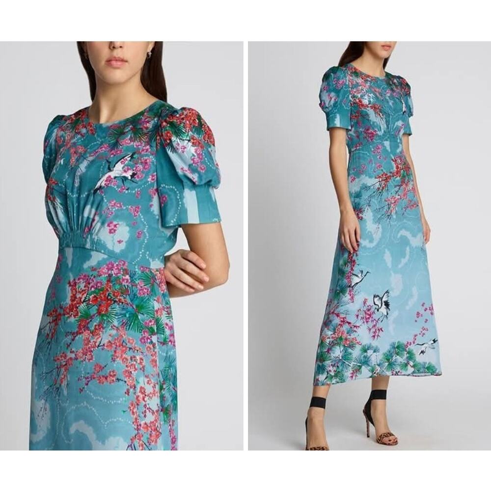 NWT $975 SALONI Bianca Blue Hanami Clouds Pure Silk Jacquard Crepe Chine Dress 4 - Picture 2 of 13
